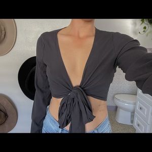 Tie front grey long sleeve crop top.